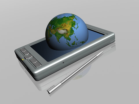 pocket pc and blue globe