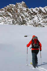 Poster - Young woman doing ski touring. Outdoor winter activity