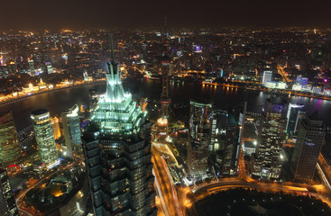 Fototapete - Aerial view over the megacity Shanghai at night