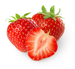 Leinwandbilder - Isolated strawberries. Three strawberry fruits, one cut in half isolated on white background