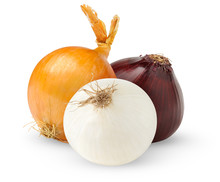 Isolated Onions. Three Onion Bulbs Of Different Colors (red, Yellow And White) Isolated On White Background