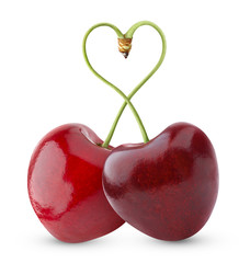 Leinwandbilder - Isolated cherries. Pair of sweet cherry fruits with heart shaped stem isolated on white background