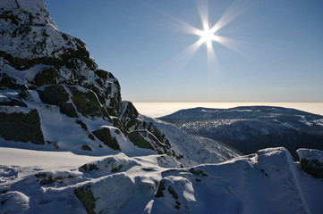 Sticker - winter view with rocks and sun