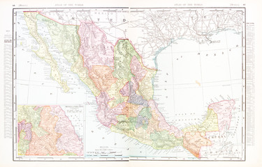 Wall Mural - Antique Vintage Color English Map of Mexico