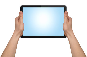 a male hand holding a touchpad pc