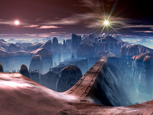 Futuristic Bridge Over Ravine On Alien Planet