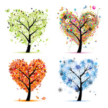 Four Seasons - Spring, Summer, Autumn, Winter. Art Tree Hearts