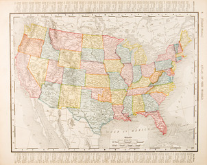 antique vintage color map united states of america, usa