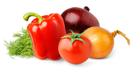 Leinwandbilder - Isolated vegetables. Cherry tomato, bell pepper, onions and dill leaves isolated on white background