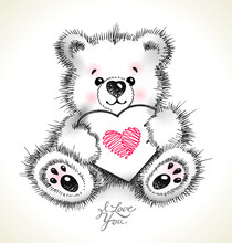 Hand Drawn Furry Teddy Bear With A Heart In Paws.