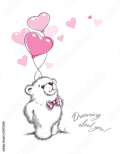 Naklejka ścienna Teddy bear keeps the balloons hearts. Hand drawn illustration.