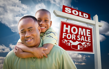 Wall Mural - African American Father with Son In Front of Sold Home For Sale