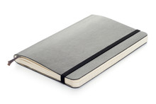 Black Moleskine notebook on white background
