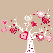 Stylized Blooming Tree With Different Red Hearts