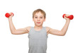 caucasian boy with dumbbells on white background