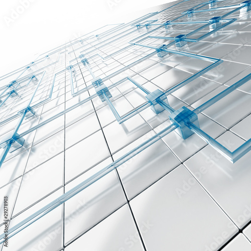white metal and blue glass cubes connected with tubes