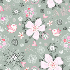 Seamless floral pattern with birds