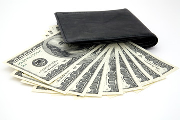 Dollars and black purse on a white background