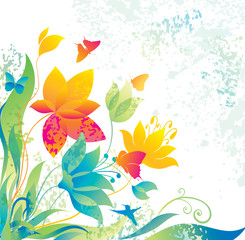 Wall Mural - Beautiful flower background with butterfly and  hummingbird