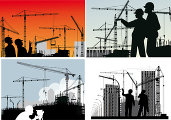 Wall Mural - four compositions with builder and crane silhouettes