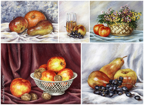 Fototapeta na wymiar Food, fruits. Pictures oil paints on a canvas, set