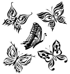 Wall Mural - Set  black white butterflies of a tattoo