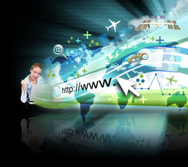 Wall Mural - woman on laptop with black internet projection