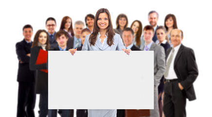 group of business people holding a banner ad isolated on white