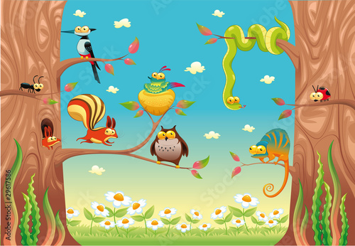 Naklejka ścienna Funny animals on branches. Vector scene, isolated objects.