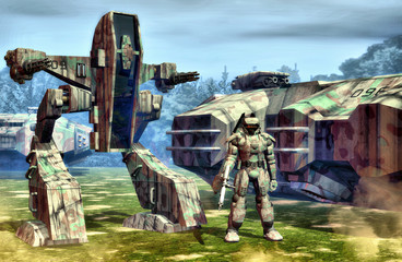 Wall Mural - futuristic soldier robot and tank