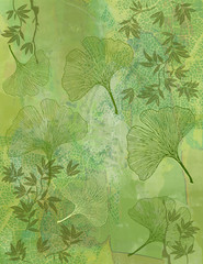 Fotomurales - Fond Feuillage Bambou et Feuilles Ginkgo en Vert - Illustration