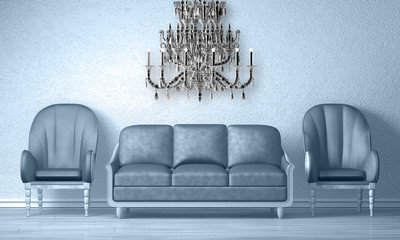 Two luxurious chairs with couch and glass chandelier