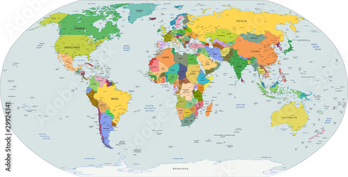 Plakat Globalna mapa polityczna świata, wektor