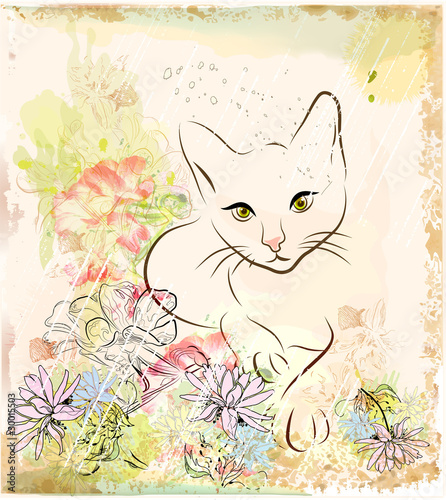 Tapeta ścienna na wymiar abstract background with cat an flowers