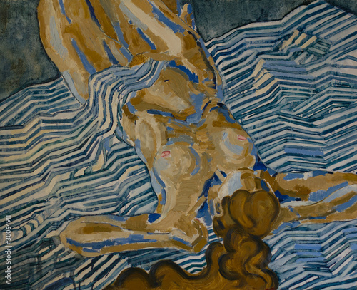 Fototapeta na wymiar oil paintings, nude woman in a blue canvas