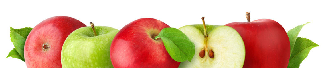 Fototapete - Isolated apples. Cut red and green apples in horizontal border isolated on white background