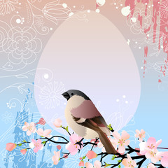 Wall Mural - Greeting easter card wirh sparrow on blossoming branch