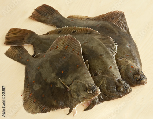 Fotomural Three European plaice (Peuronected platessa) on a wooden board