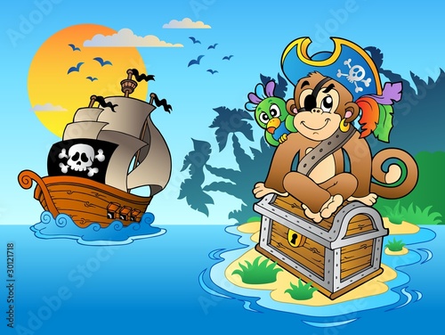 Obraz w ramie Pirate monkey and chest on island