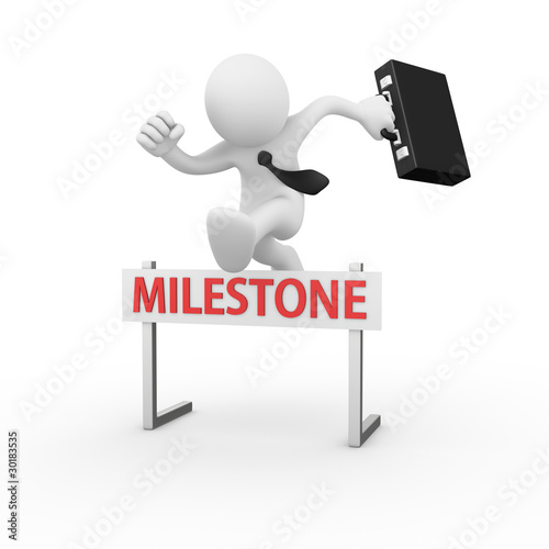 Fotografering Businessman jumping over a hurdle obstacle title milestone