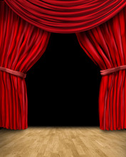 Red Curtain Drapes With Wood Floor And Black Background