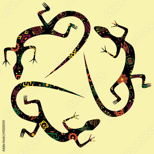 Fototapeta na wymiar Trzy gekony na żółtym tle