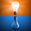 Opposite light bulbs as symbol of knowledge or energy or power