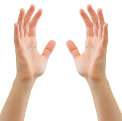 Hands of a caucasian female to hold ball-sized object, isolated on white