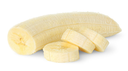 Poster - Isolated banana. Peeled banana slices isolated on white background