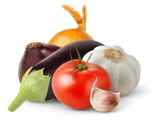 Poster - Isolated vegetables. Fresh eggplants, tomato, onions and garlic isolated on white background