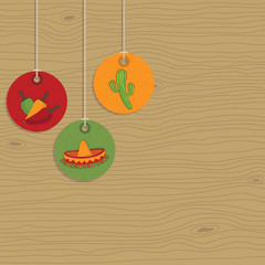 Poster - mexican hanging decorations vector chili peppers cactus sombrero clipart with copy space on wood background