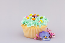 Cupcake Türkis Geburtstag Mit Blumendeko Auf Grauem Hintergrund