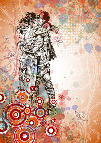 Fototapeta na wymiar Vector illustration: Two lovers kissing & floral calligraphy orn