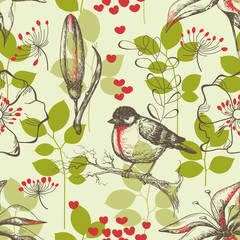 Poster - Bird and lilies vintage seamless pattern